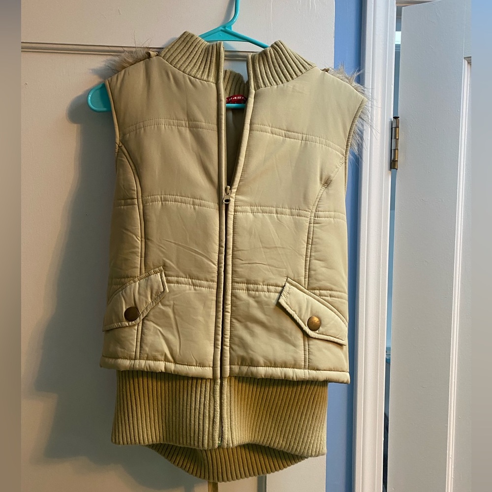 Beige Lace Up Vest with Faux Fur Hood - Size L